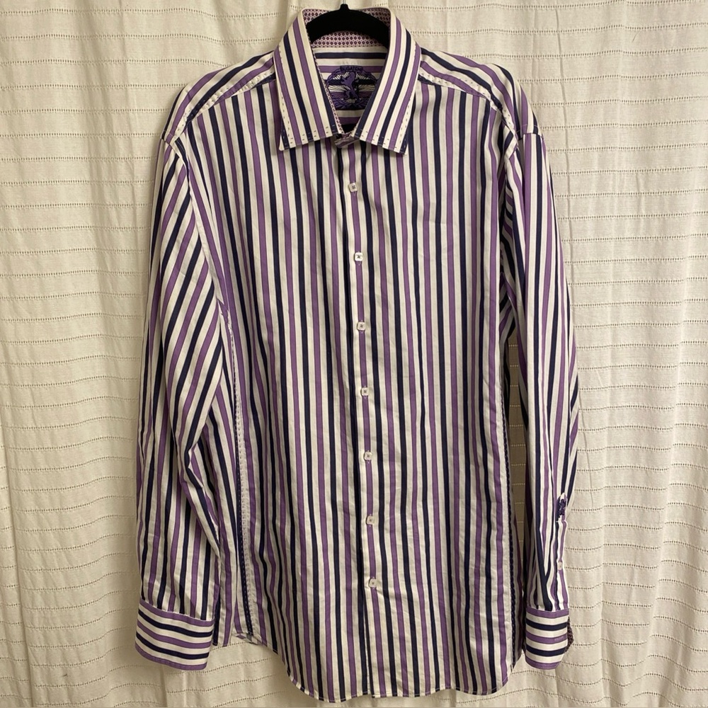 Bugatchi Shirt Mens XXL White Purple Gray Striped Flip Cuffs Long Sleeve